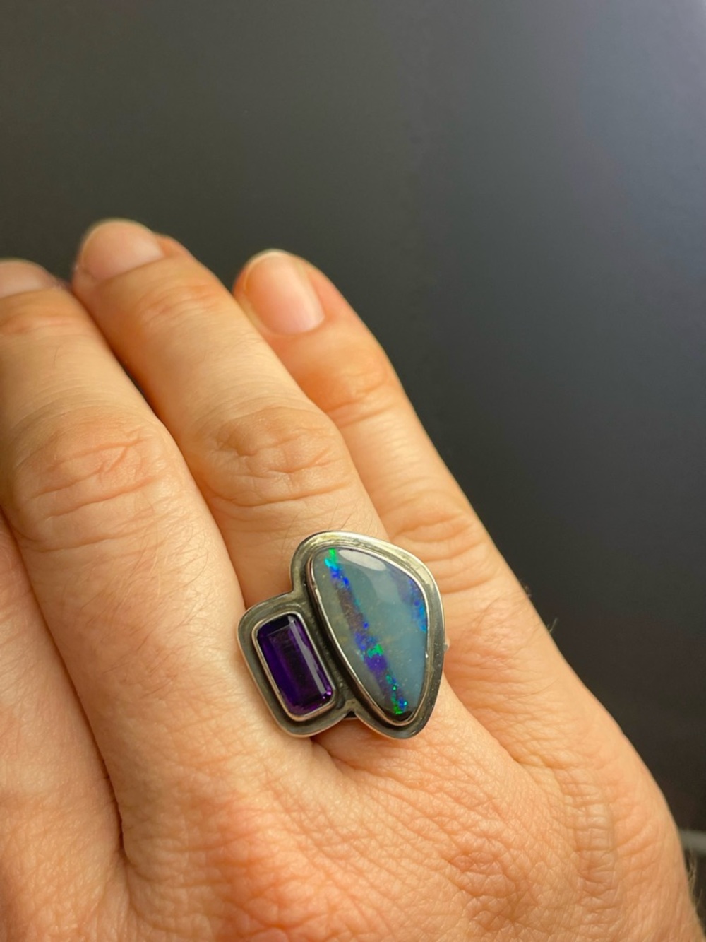 TABRA Ring: 925 Sterling Silver Opal and Amethyst Statement Ring Blue-Green Opal - Picture 3 of 8